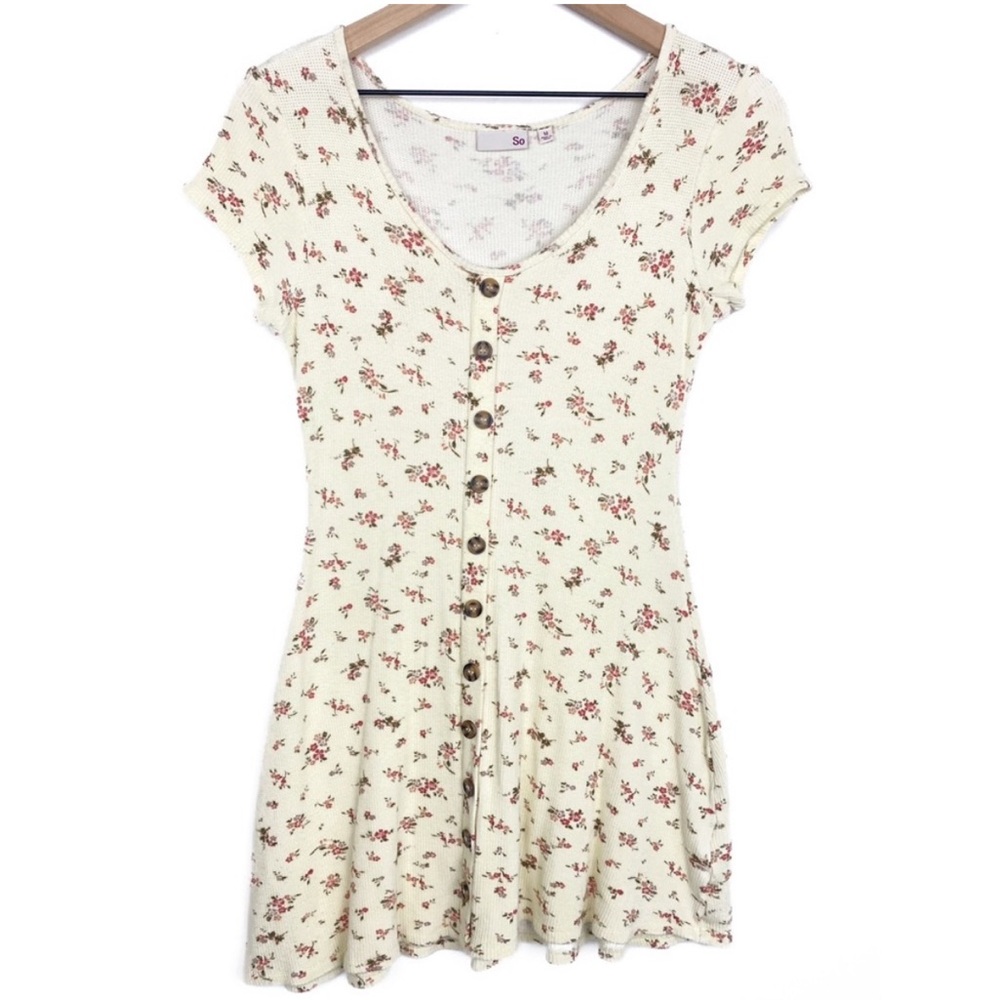 So Floral Cottagecore Waffle Knit Button Front Mini Dress, Cream - Size M